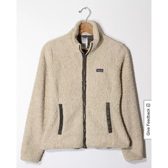 Patagonia Fuzzy Jacket Women M Polar Fleece Zip Up Ivory Sherpa Pocket Neutral - Picture 1 of 15